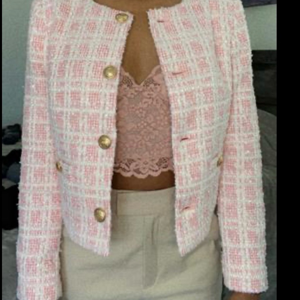 Express Women's Pink and White Tweed Jacket - Picture 2 of 11